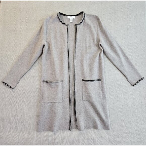 Magaschoni Long Line Open Front Gray Knit Cardigan Sweater Pockets Size Medium - Picture 1 of 11